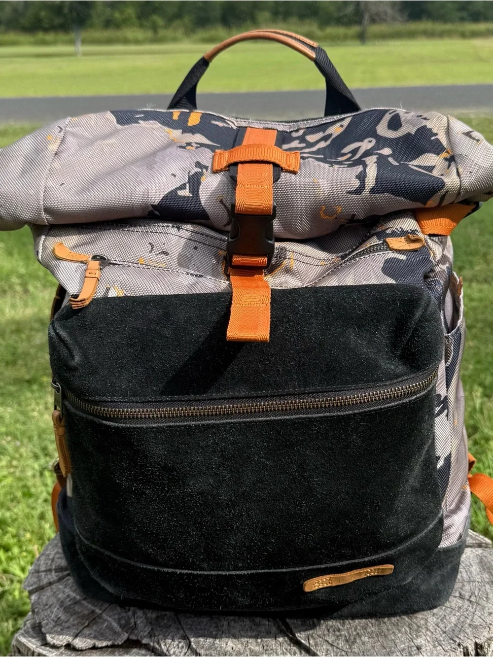 TUMI Dalston Roll Top orange, grey & black  Camouflage with Suede Front Pocket